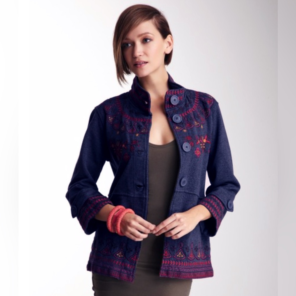 Embroidered Collette Navy Blue Pea Coat by JWLA (Johnny Was Los Angeles) Jacket
